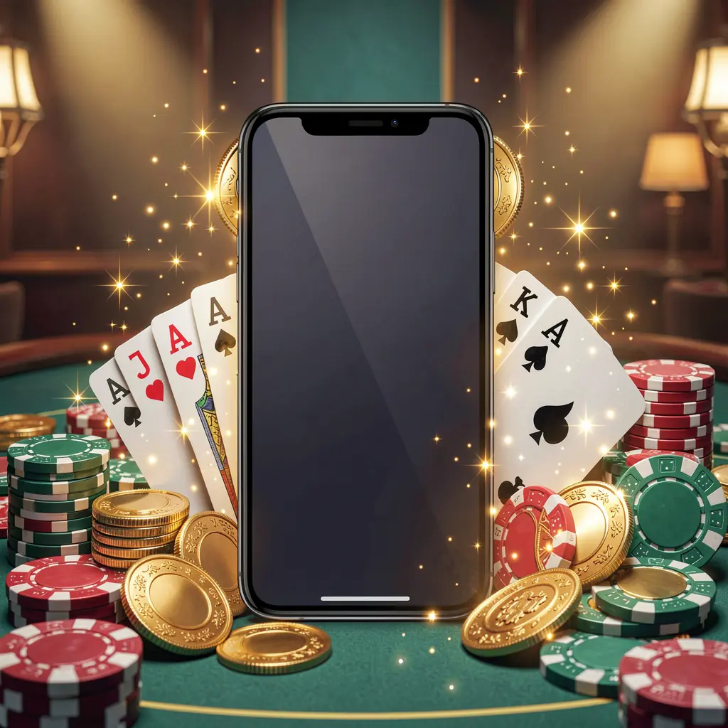 TKBD22 mobile gaming application concept showing a smartphone surrounded by playing cards, roulette chips, gold coins, and sparkling lights in a premium casino style