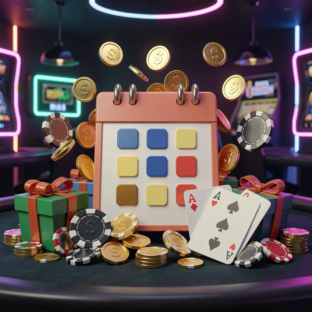 TKBD22 weekly online casino bonus concept featuring a calendar icon surrounded by golden coins, gift boxes, poker chips, and playing cards in a festive casino atmosphere with dark modern background and neon lights