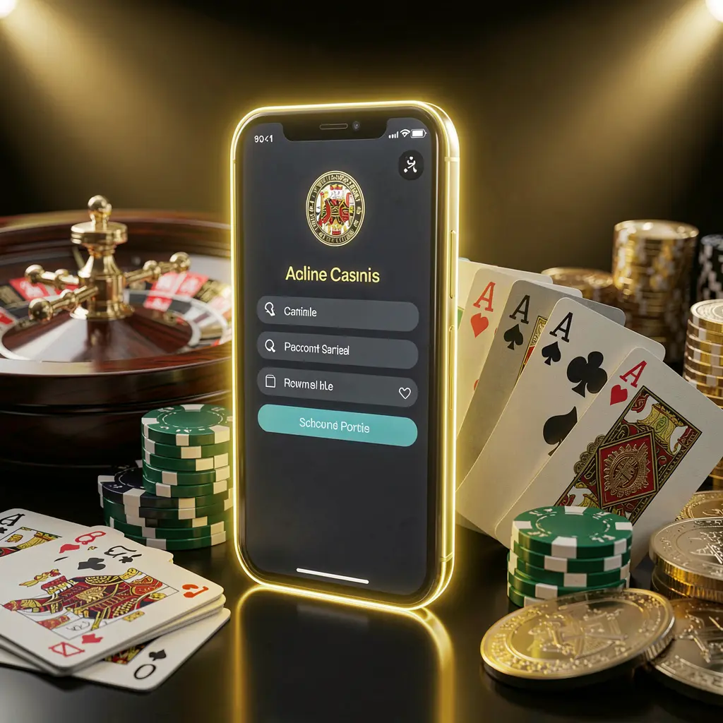 TKBD22 online casino account portal featuring a glowing smartphone surrounded by premium cards, chips, roulette wheel, and coins against a black and gold background with cinematic lighting in a realistic 3D render