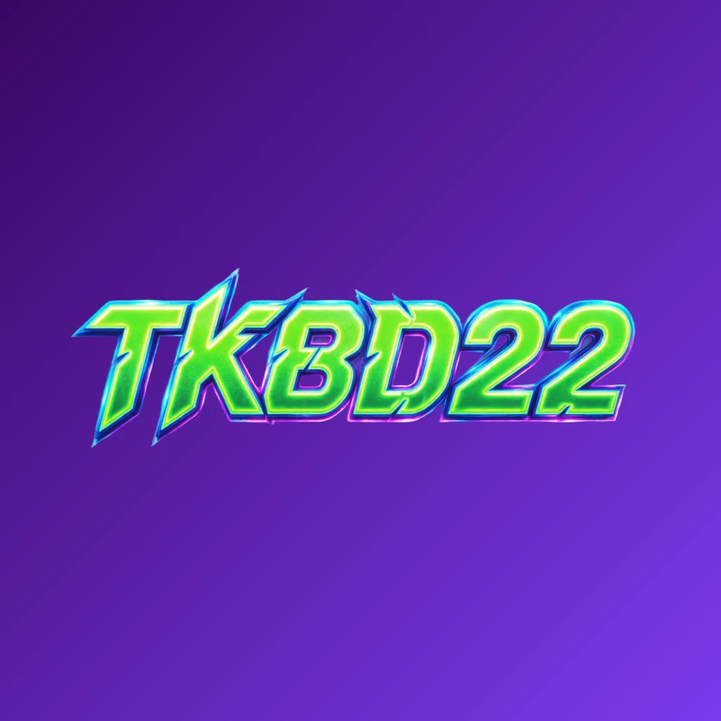 Futuristic neon logo of TKBD22 with thick angular typography glowing in vivid green, blue, and purple, featuring sharp tech-inspired details on a transparent background in a wide horizontal rectangular wordmark design