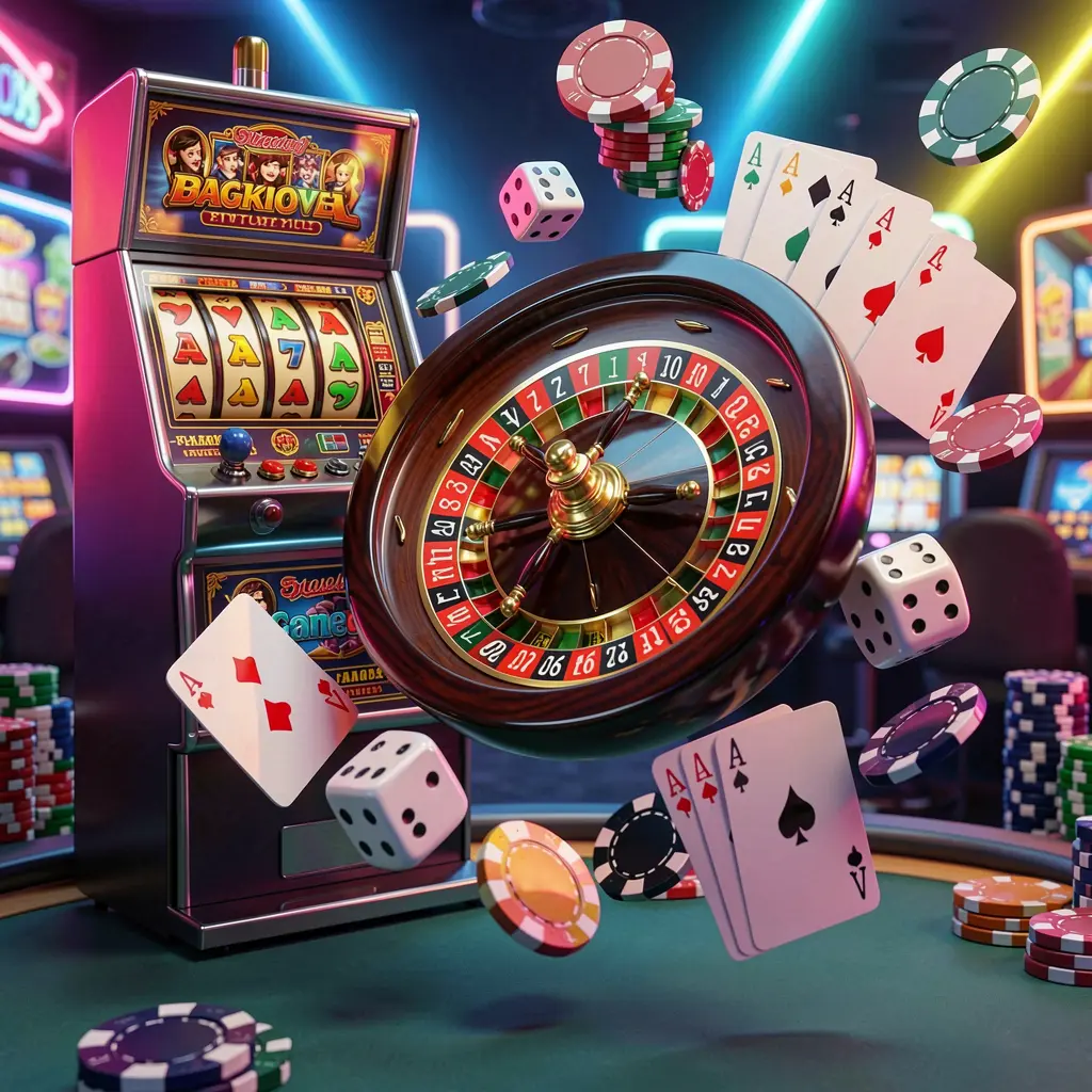 TKBD22 casino games collection homepage visual featuring a slot machine, roulette wheel, dice, playing cards, and poker chips floating together with colorful neon lights in a premium 3D render